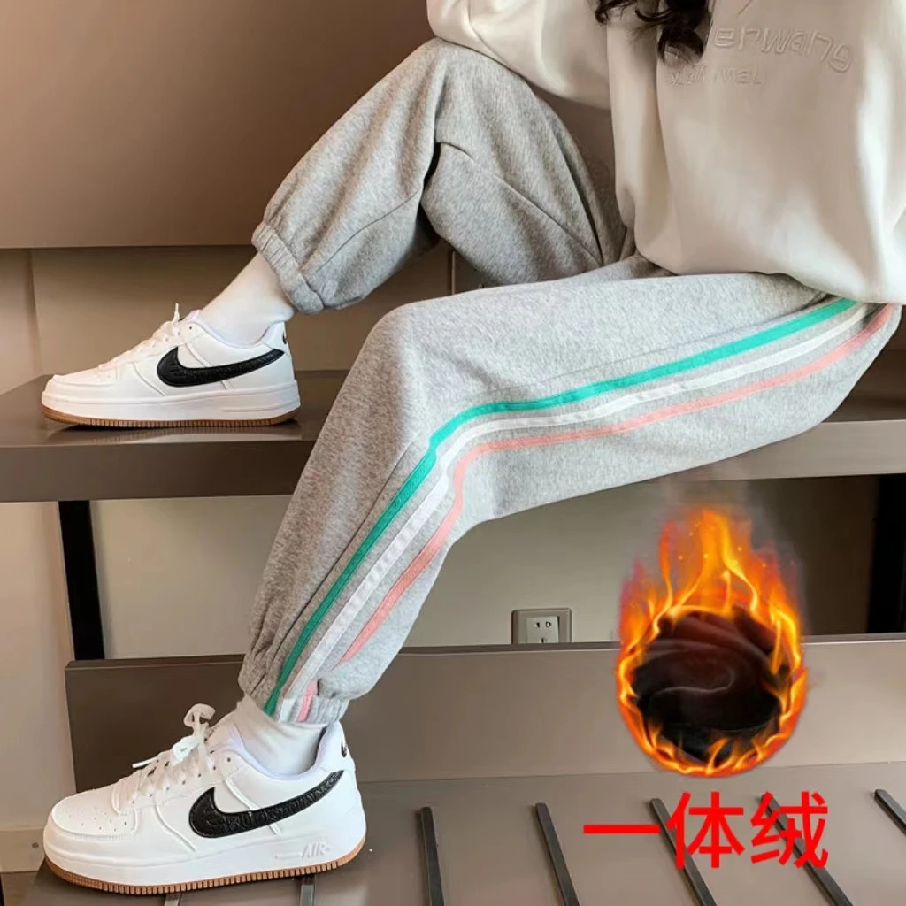 女童加绒裤春秋长裤中大童女孩洋气运动裤冬季一体绒束脚裤卫裤潮