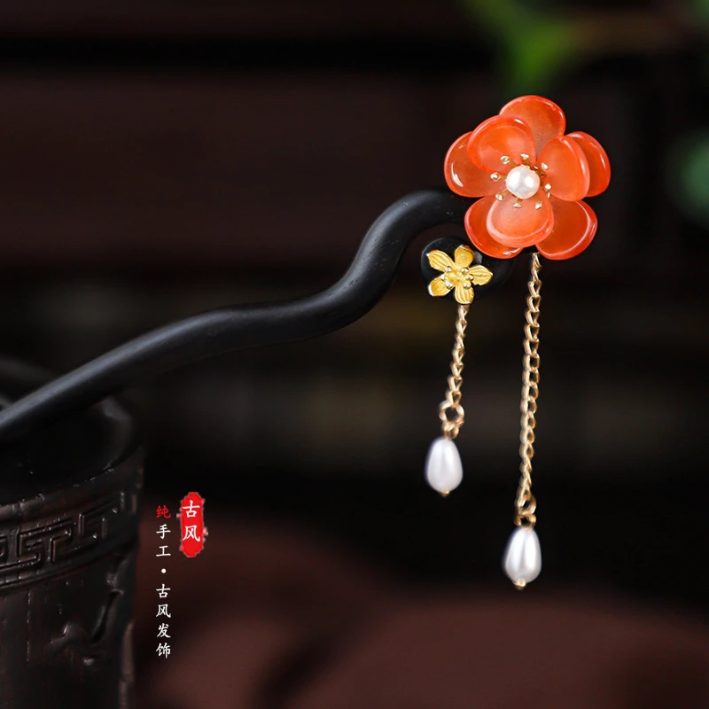 特价   花朵黑檀木发簪古风流苏步摇盘发钗高级簪子汉服旗袍配饰