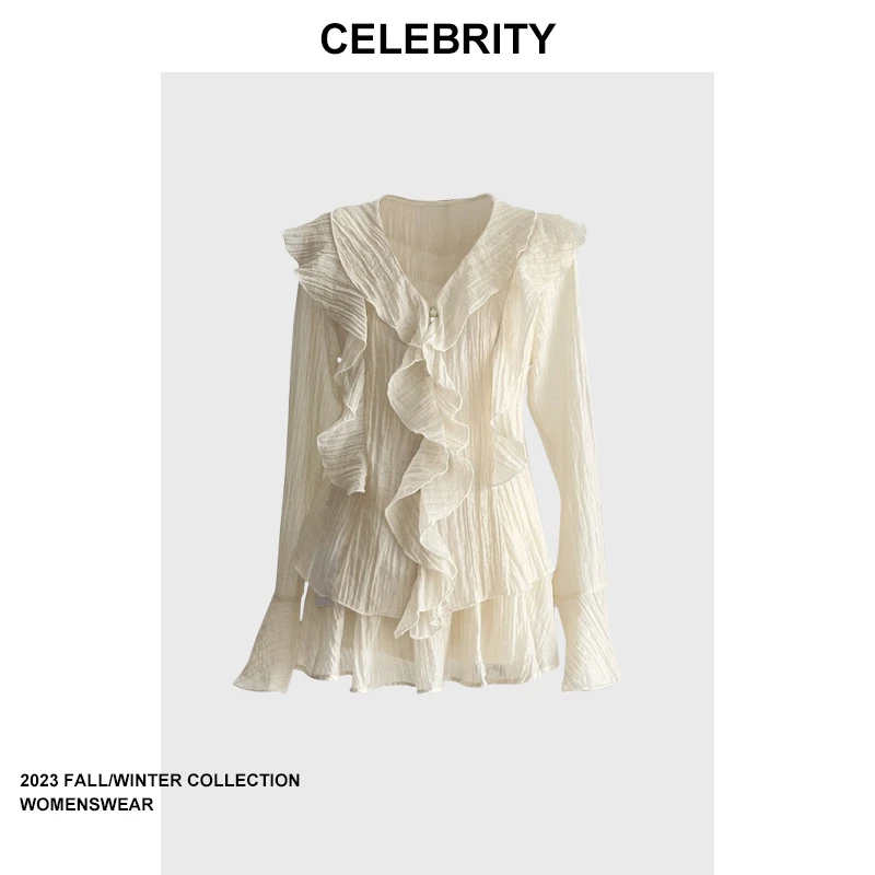 ［今日半价］荷叶边套装2023夏季新款荷叶边收腰衬衫短裤两件套小众