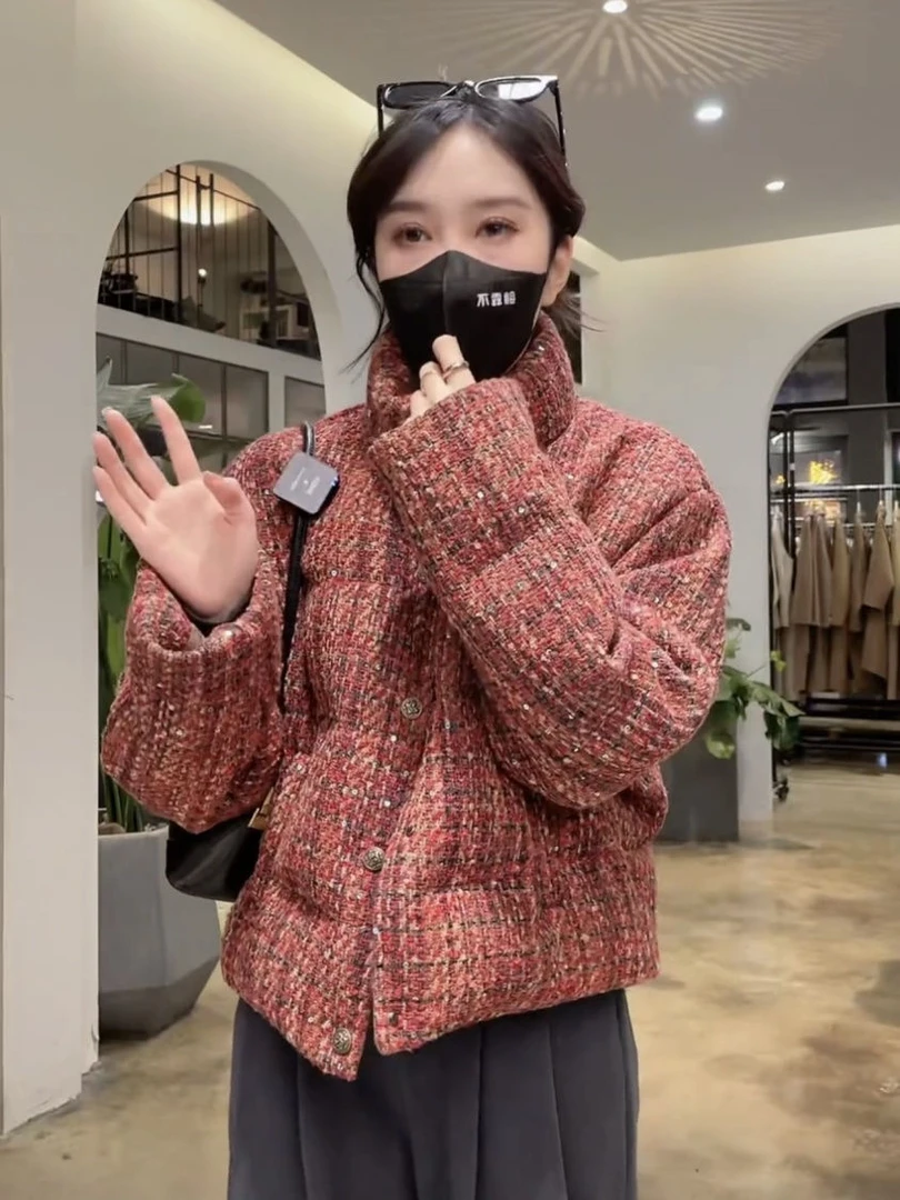 2024立领保暖白鸭绒羽绒服女冬季新款粗花毛呢亮片羽绒内胆小香风