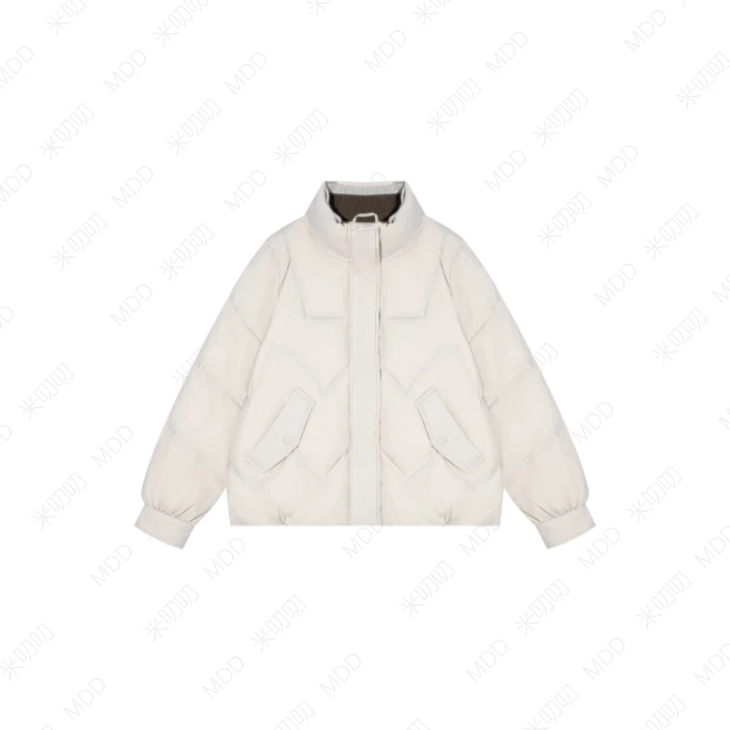 立领小个子羽绒服菱形格外套  AW 067-米白