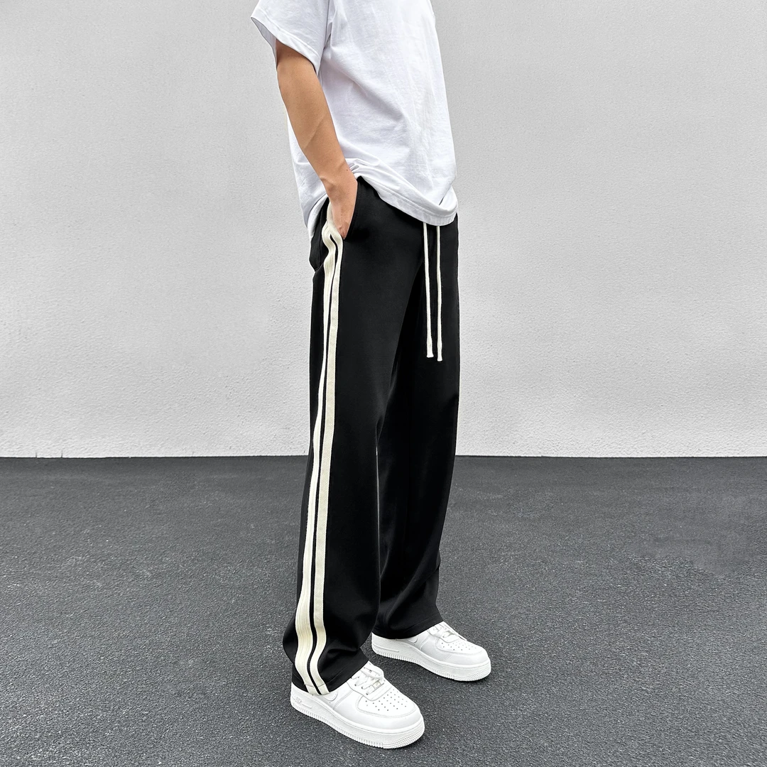夏季款潮流垂感卫裤子男士百搭条纹大码直筒运动宽松凉感休闲长裤