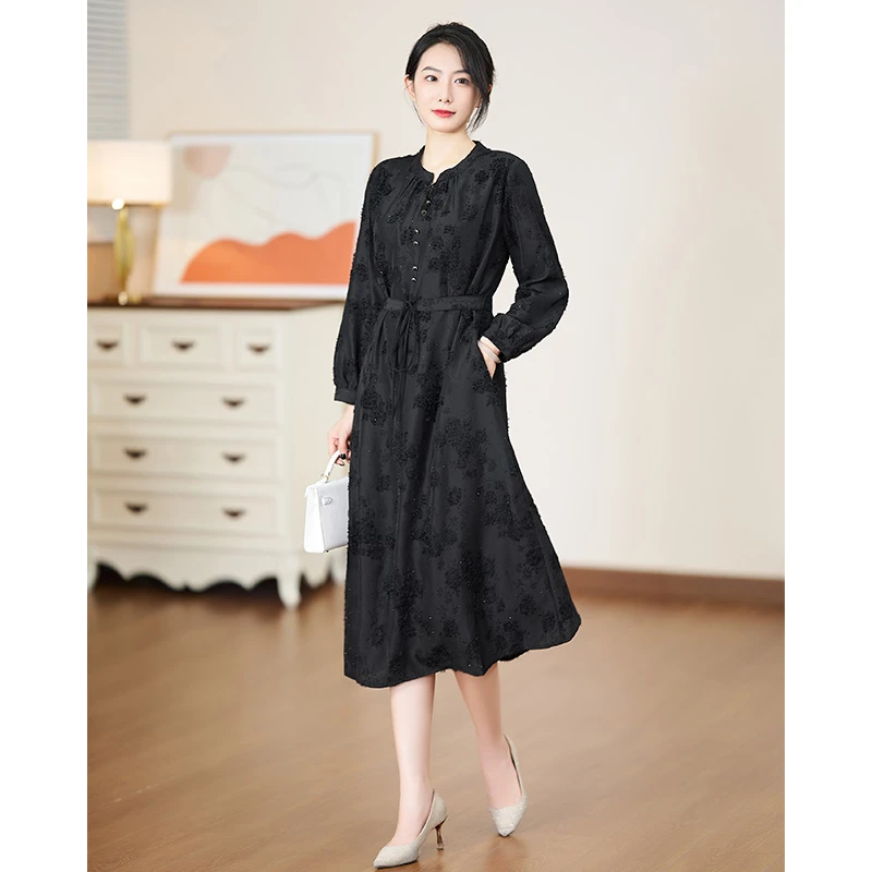 黑色长袖连衣裙2025新款女秋时尚气质宽松长裙#QLQ17082