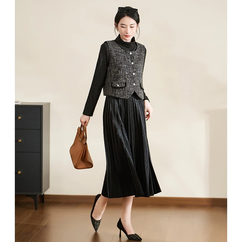 【三件套】迪欧芙黑色上下套装2025新款女秋气质宽松裙#QTZ87298