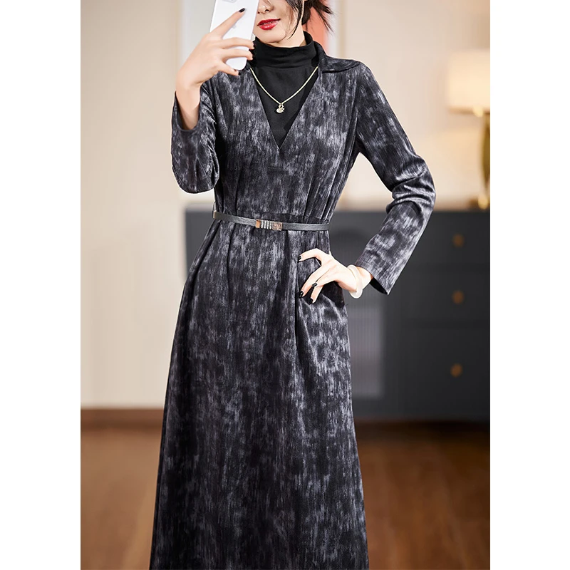 黑色假两件连衣裙2025秋季新款气质优雅长袖裙子#QLQ87158