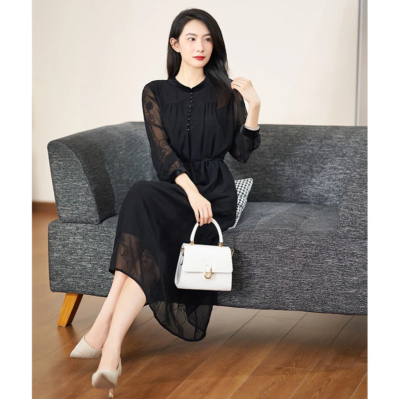 迪欧芙黑色轻奢连衣裙2025秋季新款时尚显瘦妈妈装裙子#QLQ87103