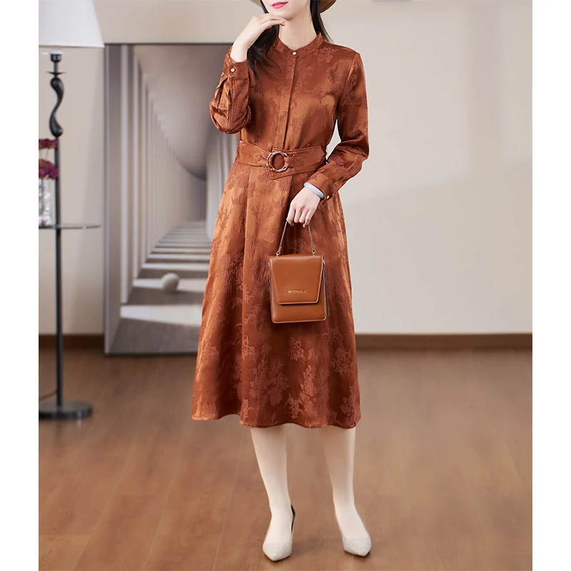 2025年春季新款长袖显瘦纯色国风收腰连衣裙女#CLQ16300