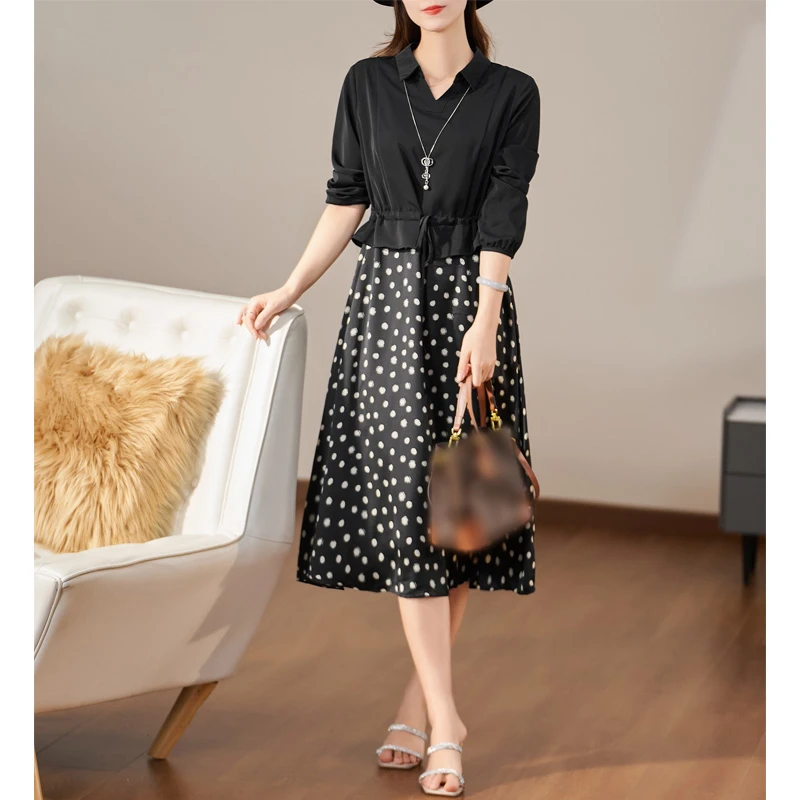 迪欧芙2025年春季波点上档次新款长袖拼接轻奢连衣裙女#QLQ25113