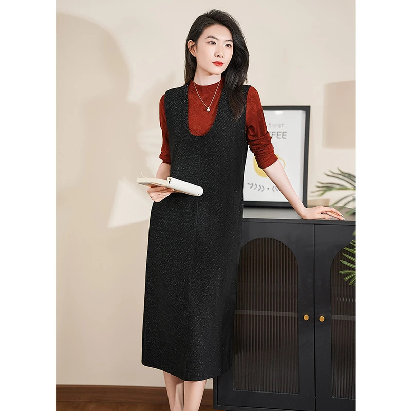 【两件套】迪欧芙红黑色套装2024新款女秋休闲气质显瘦裙#QTZ17198