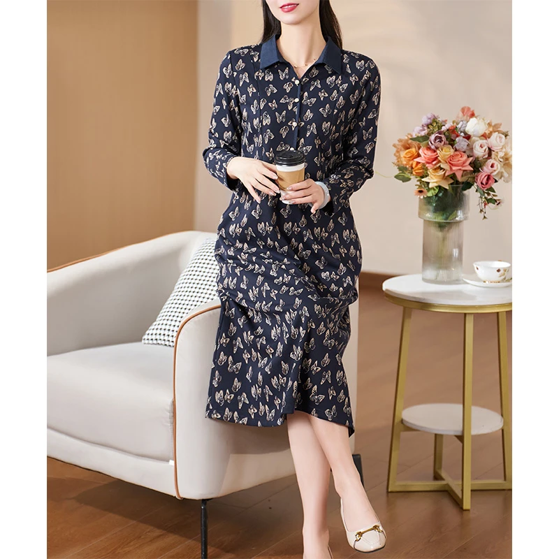 迪欧芙2023年秋冬新款显瘦时尚中长款碎花长袖连衣裙女#QLQ25477