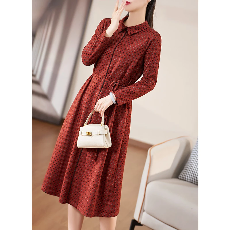 迪欧芙2025春季新款中长裙气质显瘦长袖时尚连衣裙女#QLQ15449