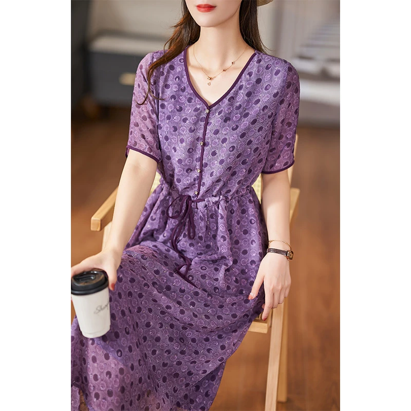 迪欧芙2023年夏季新款V领紫色气质显瘦款短袖连衣裙女#XLQ14296