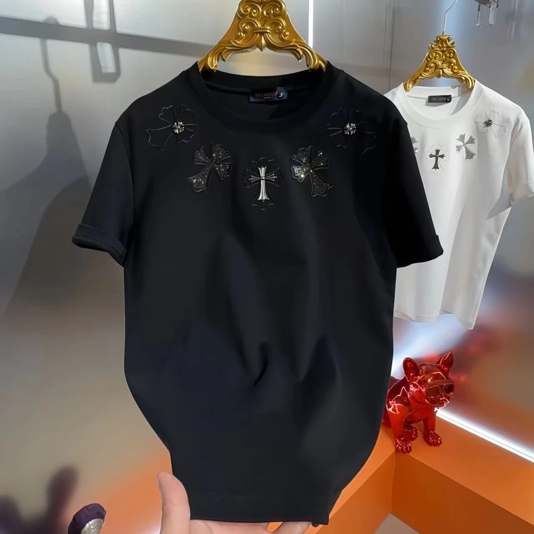 秋季新款时尚刺绣烫钻男士短袖潮痞帅欧货重工艺加厚T恤百搭