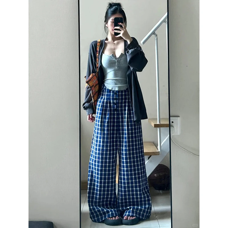蓝色格子条纹阔腿裤女早秋季薄款多巴胺小个子垂感显瘦拖地长裤子