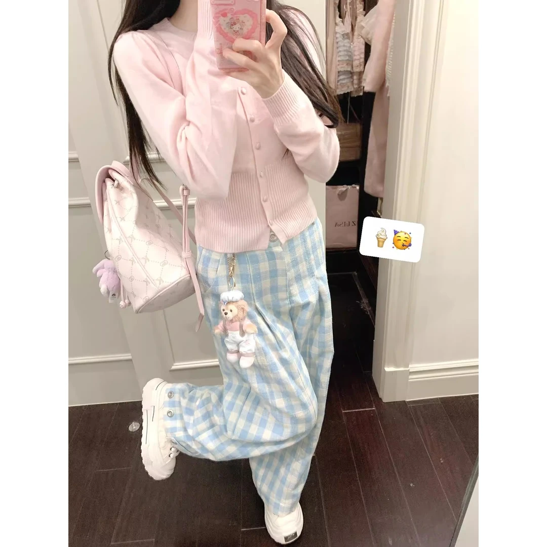 蓝色格纹压褶阔腿休闲裤女秋冬季新款高腰宽松显瘦拖地直筒长裤子