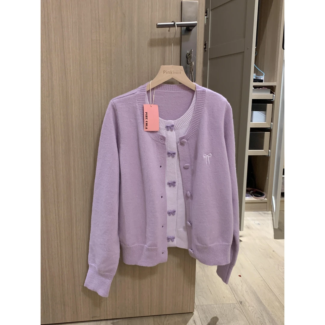 紫色拼接假两件蝴蝶结毛衣女秋冬季新款软糯针织开衫气质甜美上衣