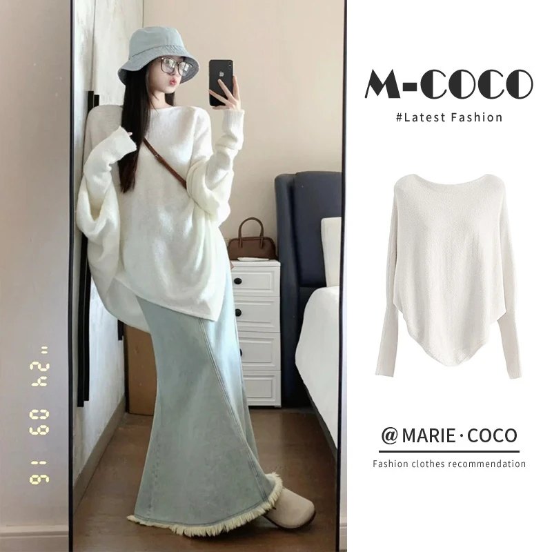 MARIE.COCO慵懒风温柔显瘦蝙蝠袖针织衫女春秋季设计感不规则上衣