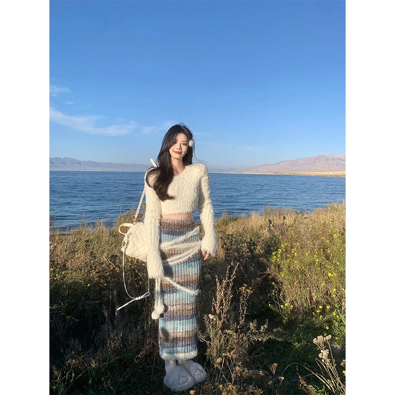 纯欲辣妹毛茸茸毛衣针织半身裙套装女秋冬季茶系穿搭一整套两件套