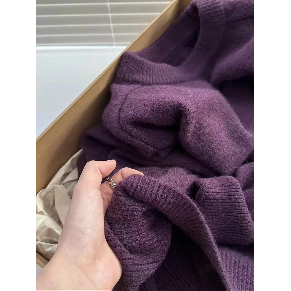 软糯超好看紫色套头毛衣女秋冬季新款宽松慵懒风针织衫高级感上衣