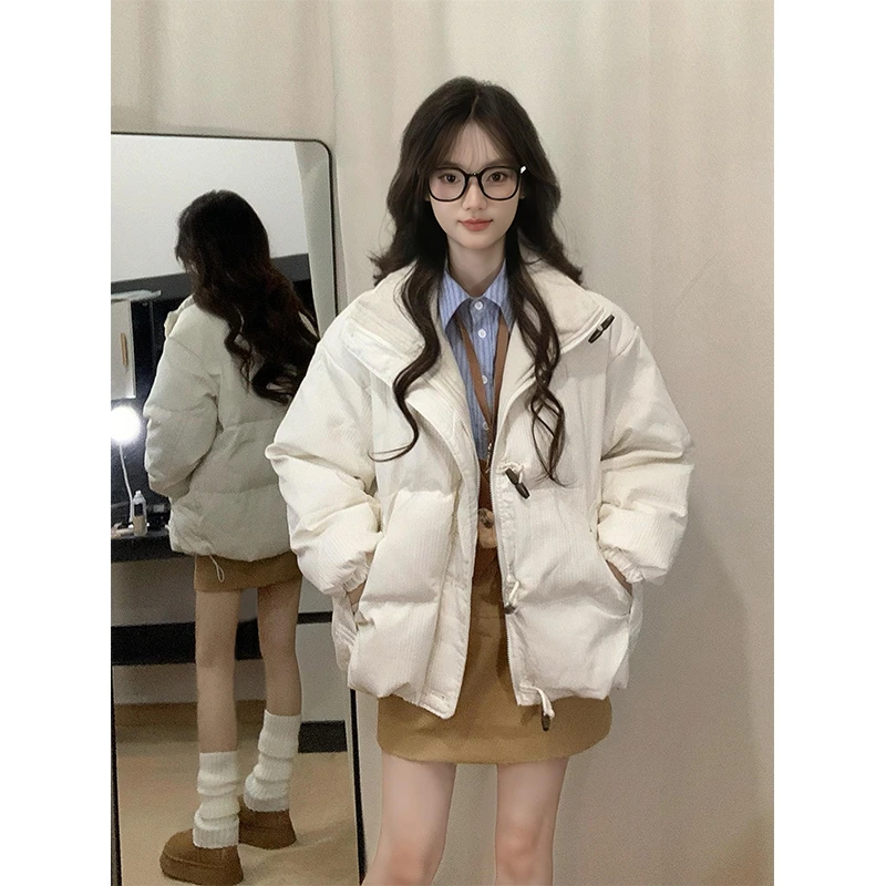 米白色牛角扣立领棉服女冬季加绒加厚保暖棉衣外套宽松面包服上衣