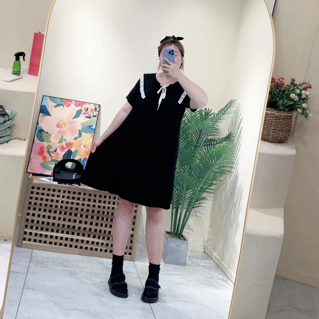 飞边百褶宽松连衣裙女 大码显瘦时尚甜夏季休闲气质韩版连衣裙