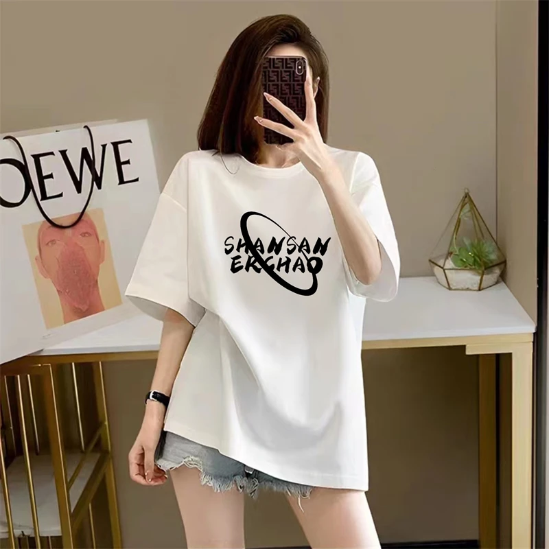欧货中长款大码女装印花宽松上衣白色夏新款网红ins潮简约短袖t恤