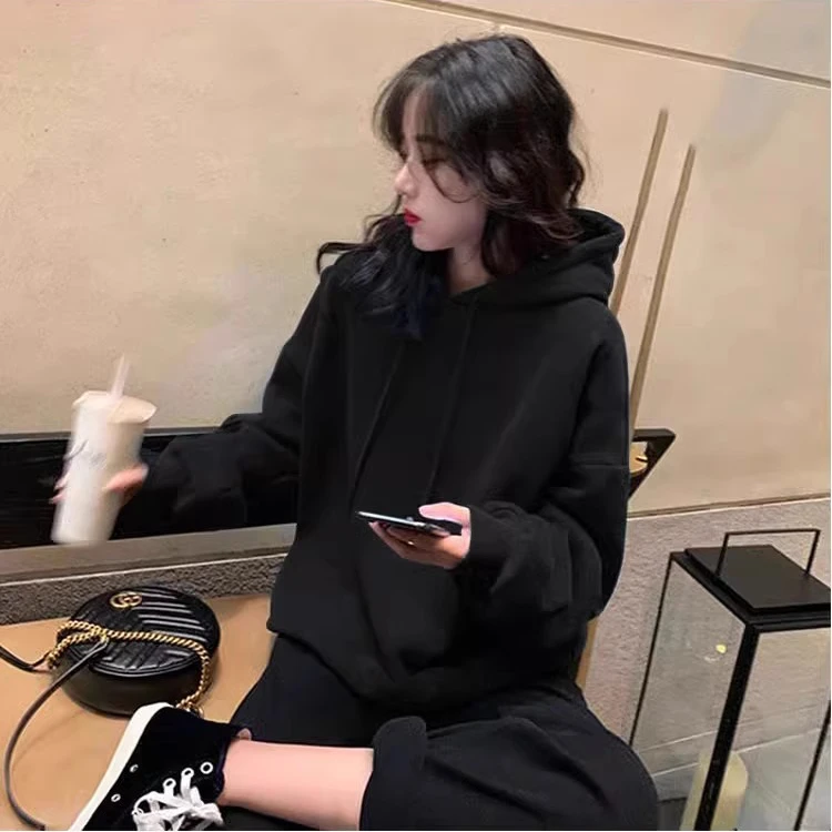 黑色连帽卫衣女2024春秋新款爆款时尚宽松加绒加厚纯色情侣装上衣