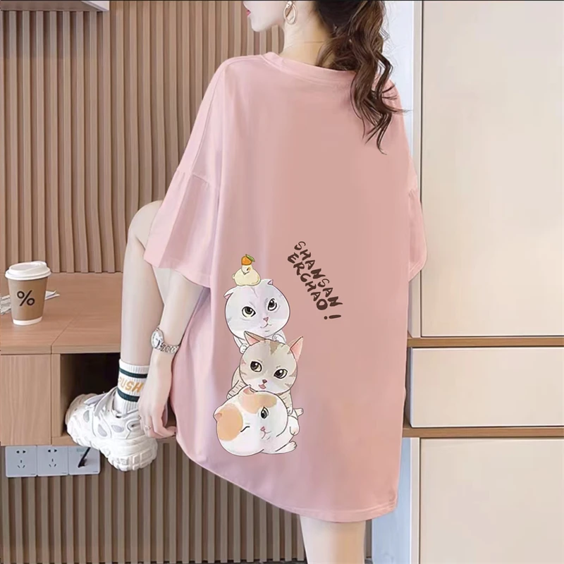 粉色纯棉短袖t恤女卡通2023新款宽松韩版大码胖mm夏装上衣欧洲站