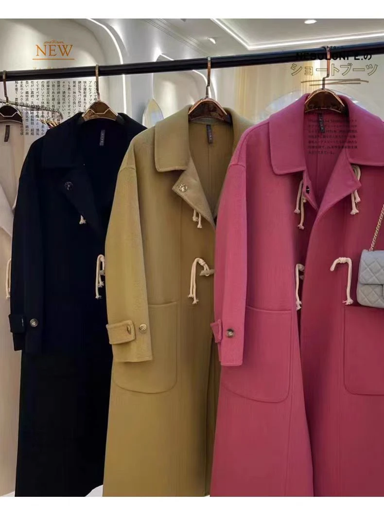 2025秋冬韩系高端气质牛角扣纯色百搭时尚长款双面羊毛呢大衣外套