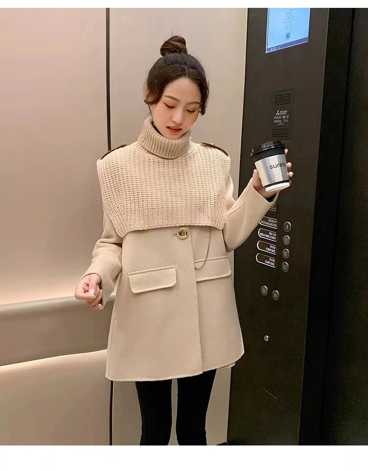 2025新款时尚斗篷A版秋冬针织高领可脱卸披肩中长款双面羊毛大衣