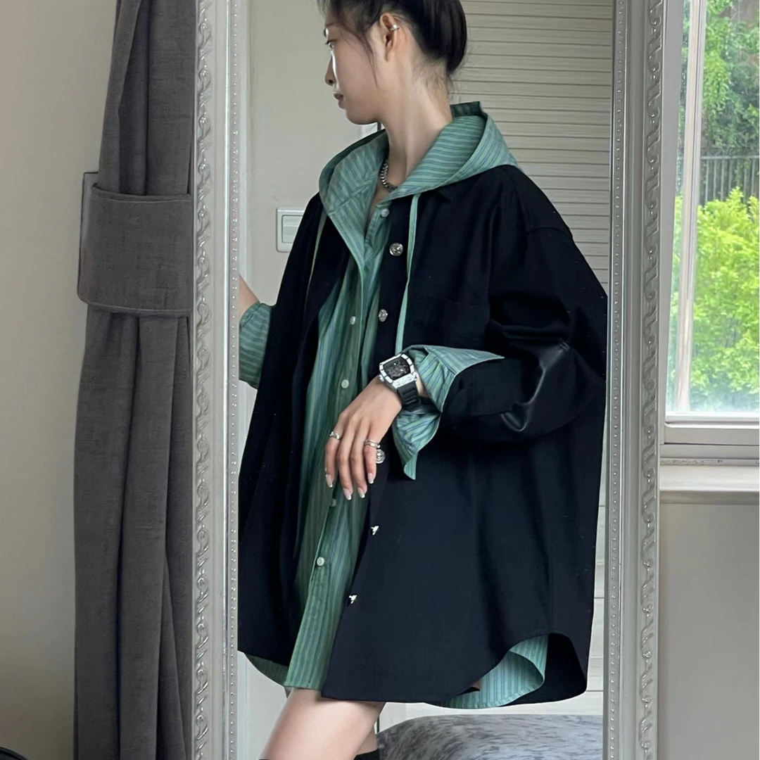 春秋新款港风穿搭两件套装休闲宽松黑色外套+绿色韩版连帽衬衫女