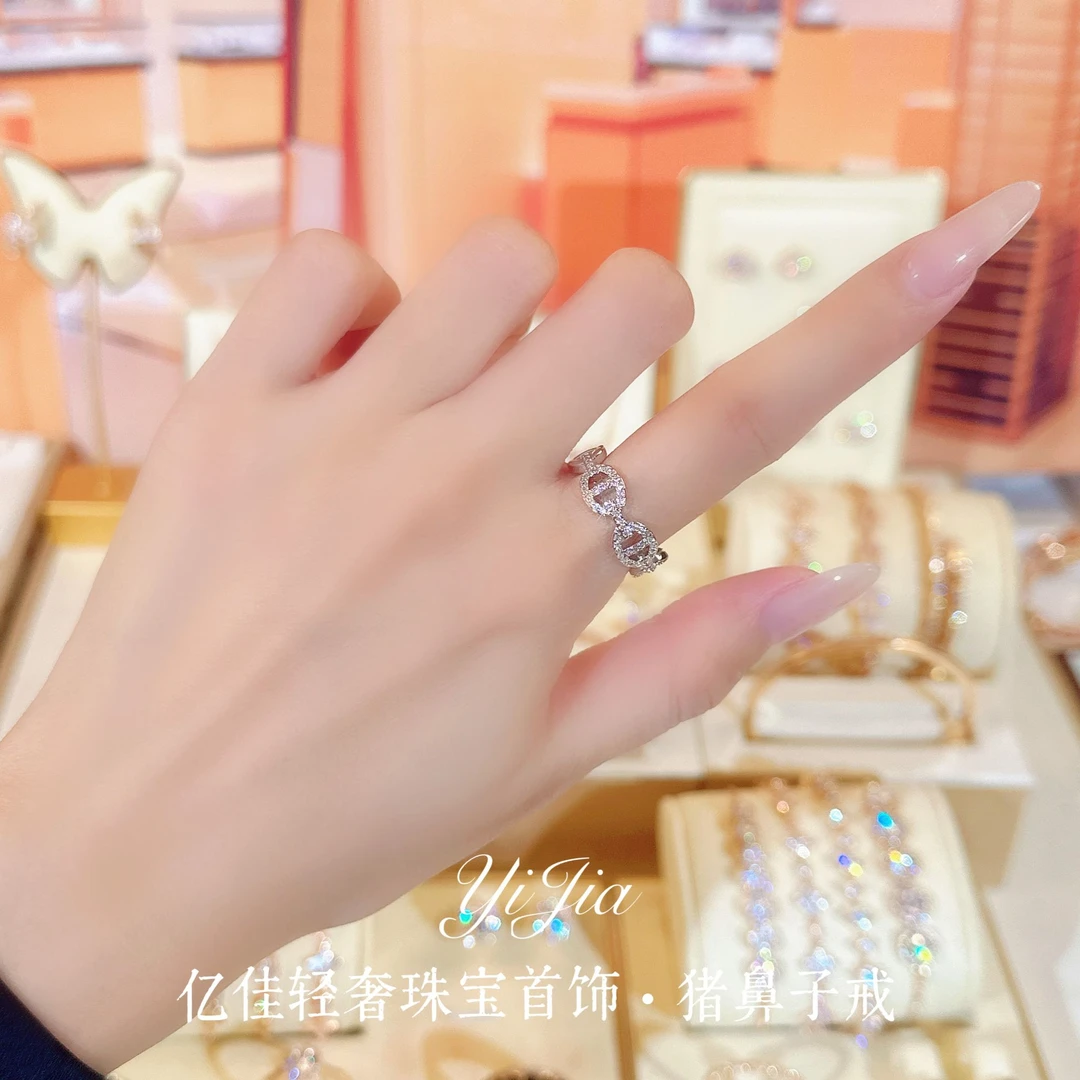 语花印 铜合金合成锆石戒指 时尚高定系列猪鼻子戒指A084白色