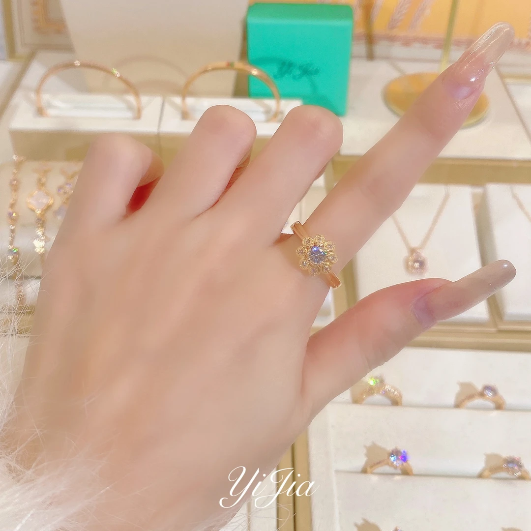 铜合金合成锆石戒指 时尚花蕾香槟色可调节戒指FS738百搭轻奢