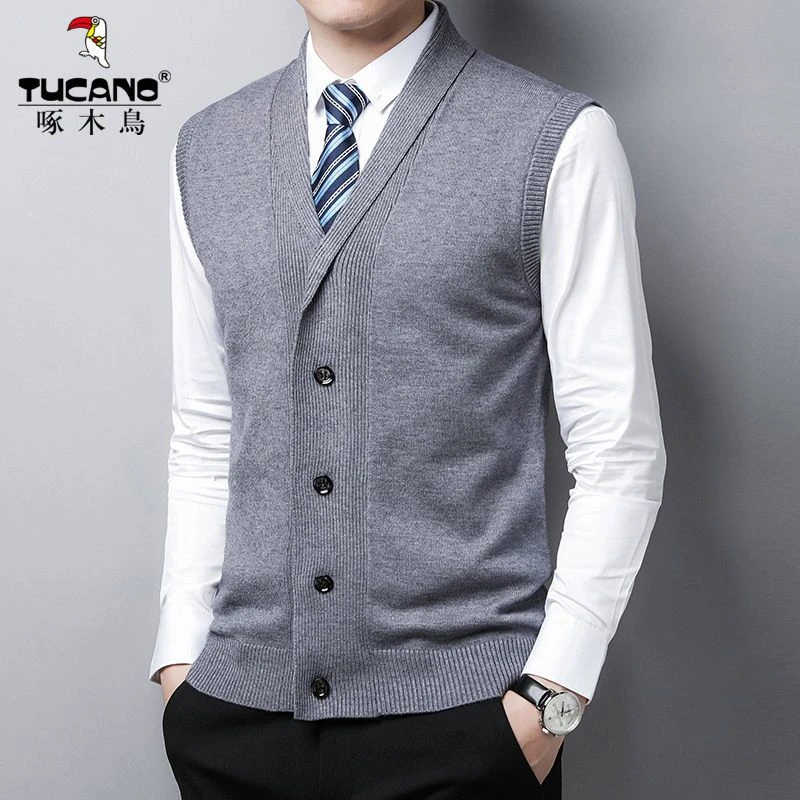 秋冬季中年背心西装马甲小翻领英伦风纽扣针织衫潮流坎肩男