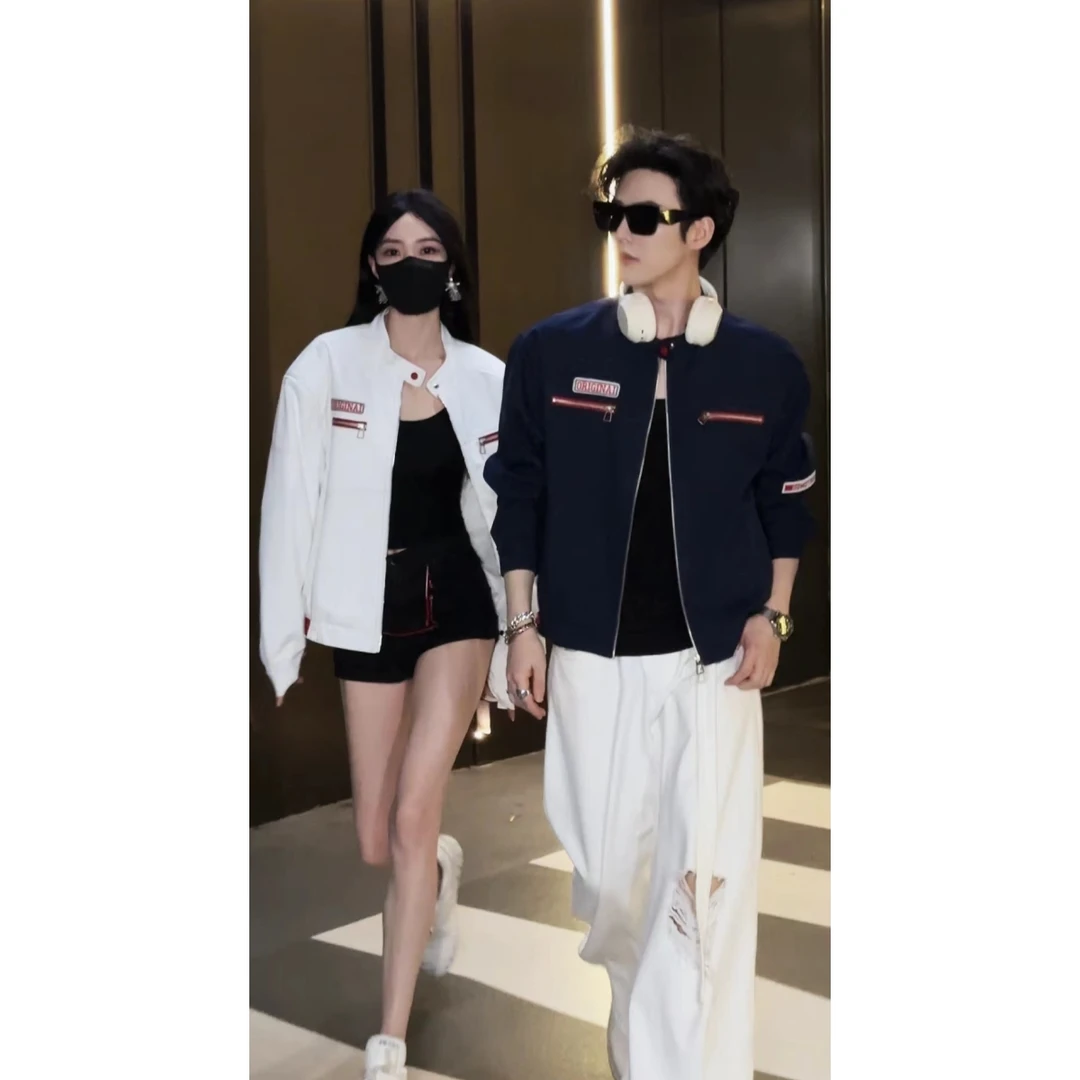 龙叨叨2024秋季新款潮牌原创美式街头痞帅立领设计拼接明线机车服