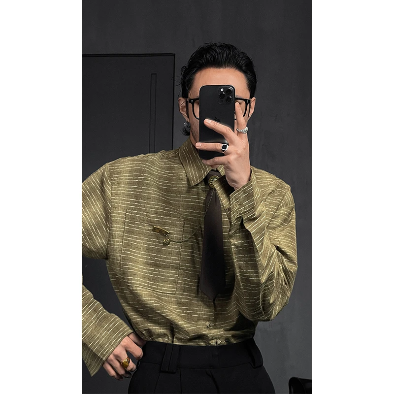 龙叨叨2024年春季新品高级感复古日系古着条纹衬衫领带长袖衬衣