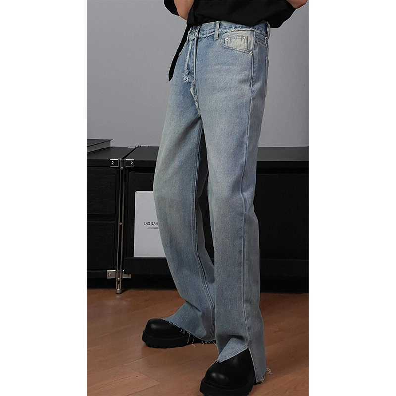 龙叨叨 毛边设计款原创牛仔裤 韩版潮流脚口开叉休闲百搭长裤男