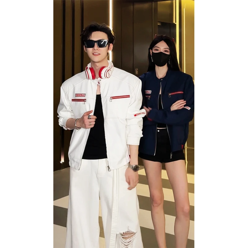 龙叨叨2024秋季原创美式潮牌高街夹克痞帅设计拼接立领明线机车服