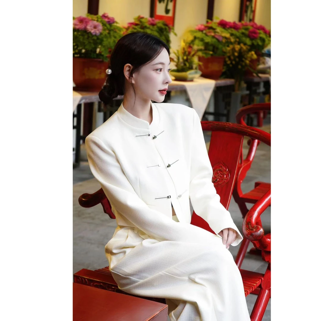 【相思扣】新中式国风套装新款长袖短款上衣高腰休闲裤两件套