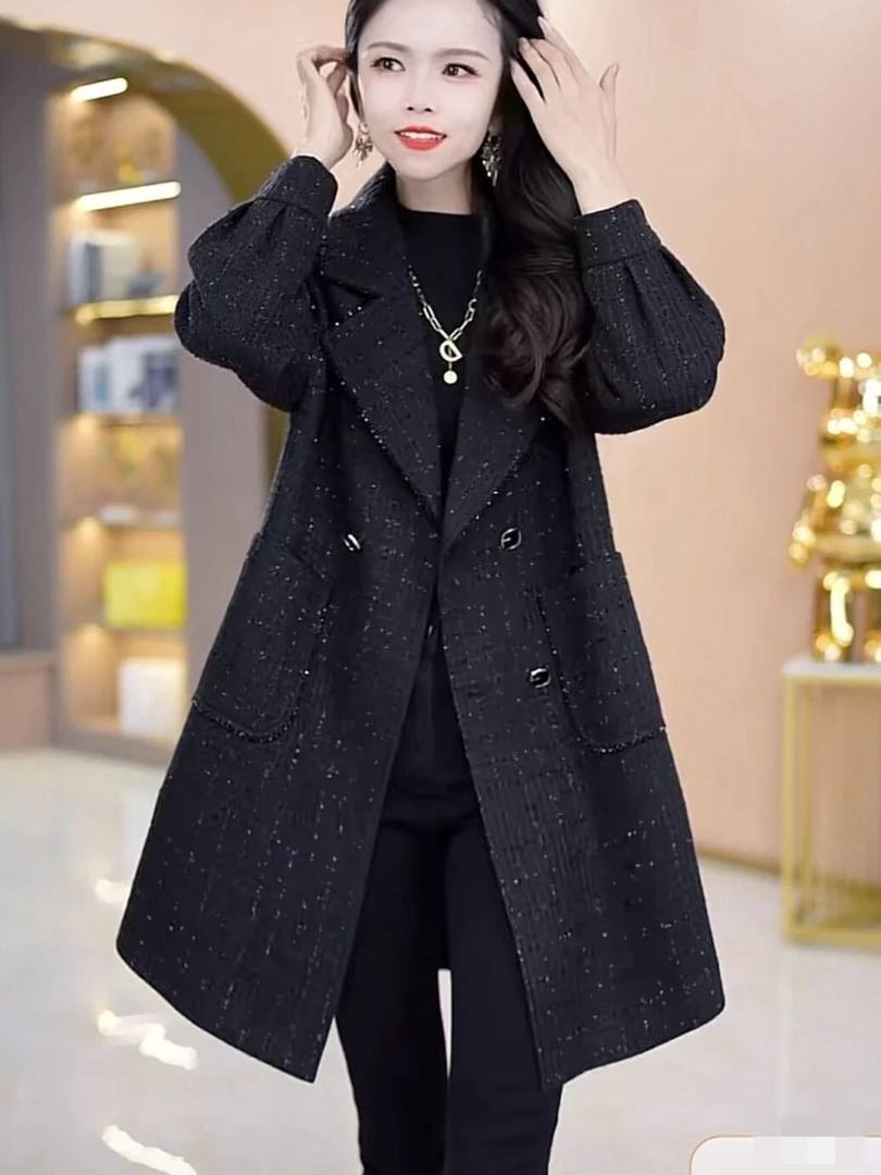 时尚春秋精纺大衣高档亮片上衣外套女装秋季新款洋气减龄中长风衣