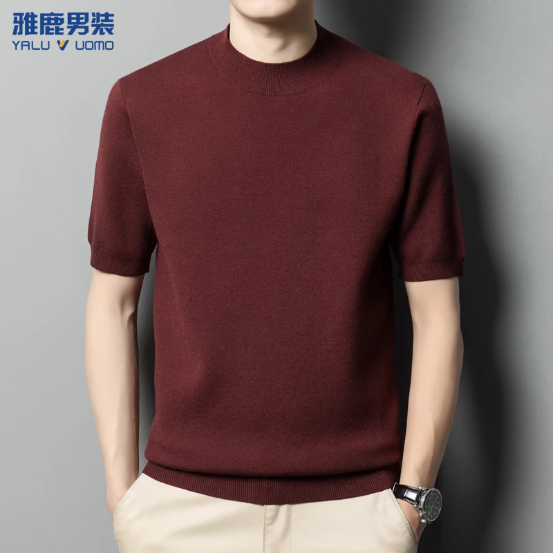 雅鹿男装秋冬季半高领短袖毛衣T恤男士中青年加厚半袖针织打底衫