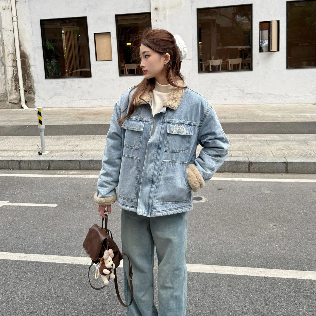 byo!oi OIOI羊羔毛牛仔外套女冬款美式复古加绒加厚工装翻领夹克