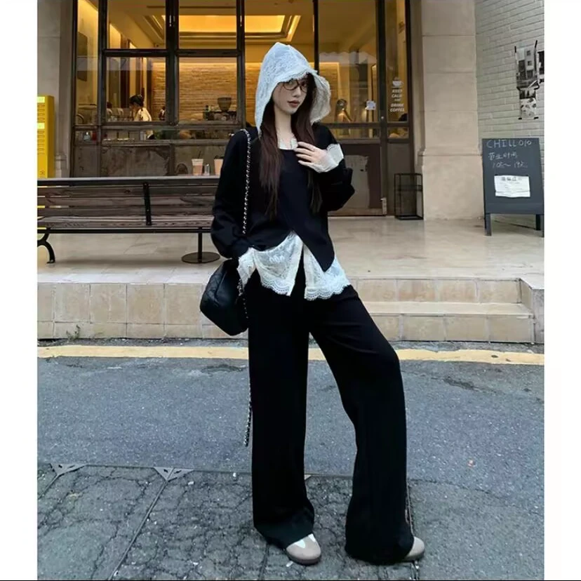 微胖女生胖mm巨显瘦套装女早秋新款宽松卫衣蕾丝打底衫裤子三件套