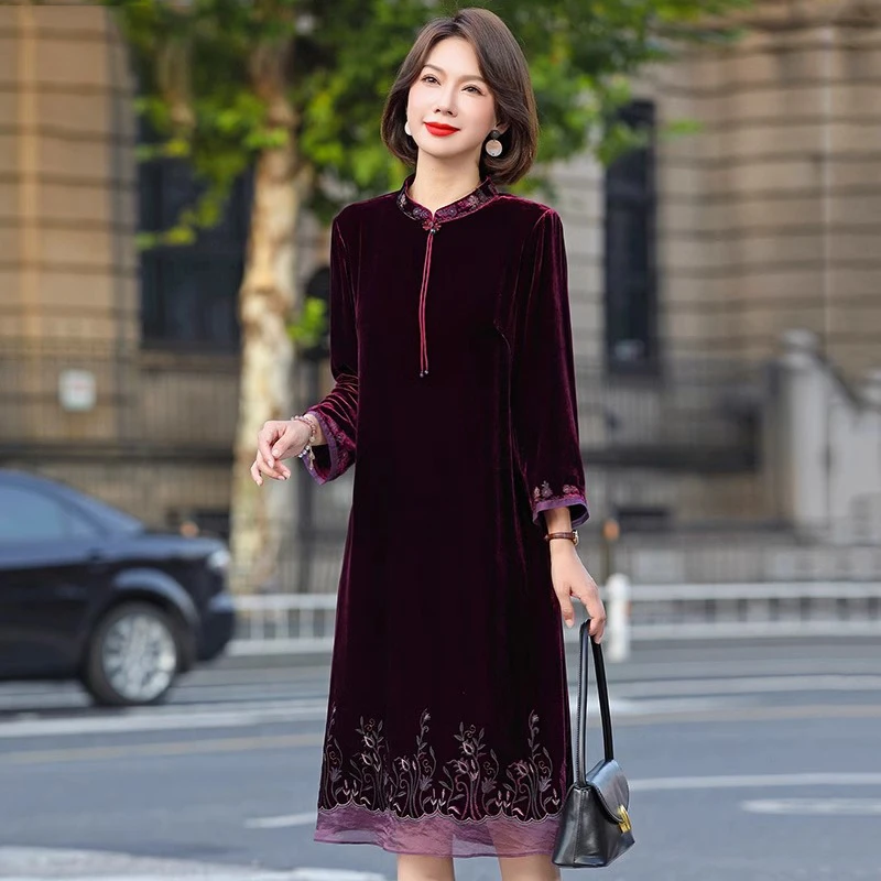 2025新款金丝绒连衣裙秋装女高贵洋气桑蚕丝时尚妈妈高端真丝旗袍