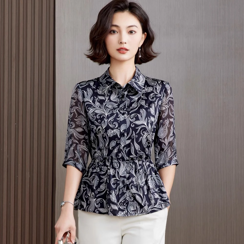 重磅真丝衬衫女中袖2025夏季新款气质纯色高端杭州妈妈桑蚕丝上衣