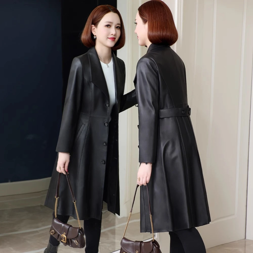 海宁真皮皮衣女2025新款春秋西装领妈妈修身绵羊皮风衣外套中长款