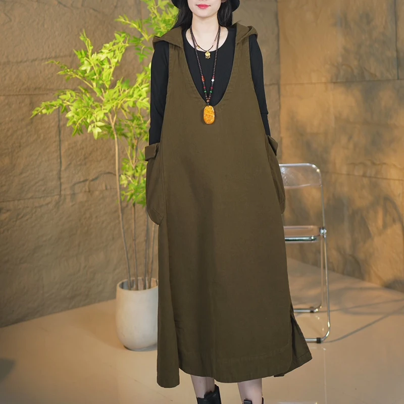 秋季新款显瘦时尚休闲外穿复古宽松中长款纯色无袖连衣裙马甲裙