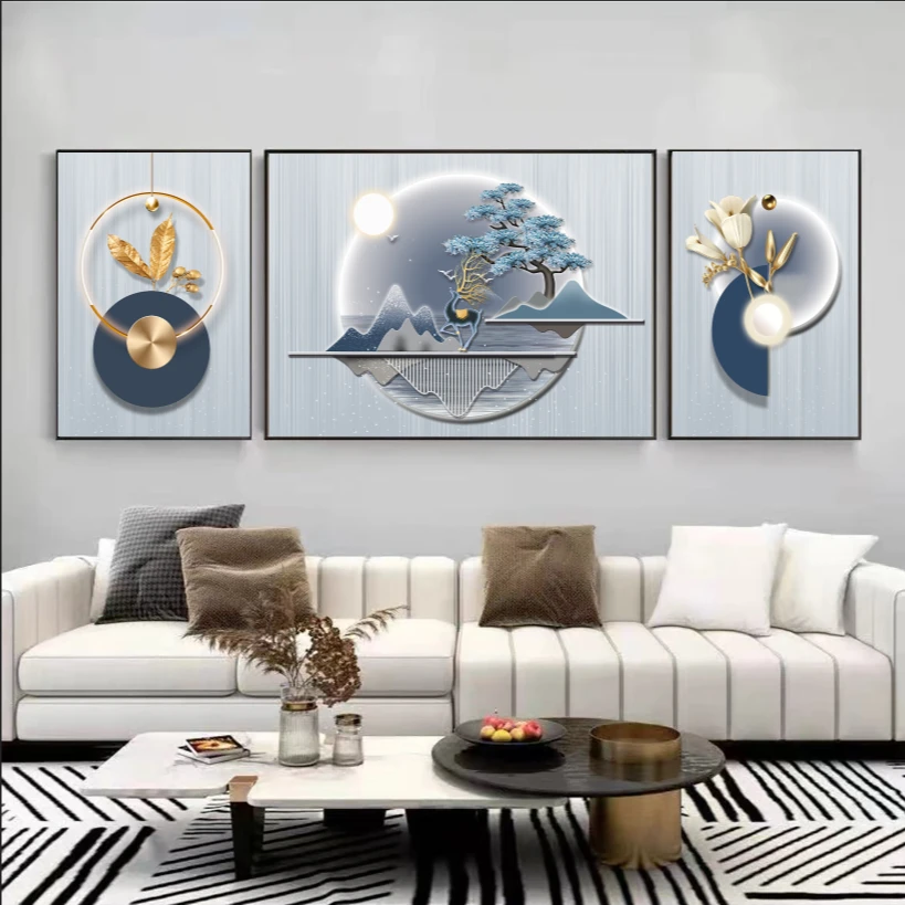 升级款-客厅三联画沙发背景墙晶瓷镶钻装饰画现代轻奢风简约风景