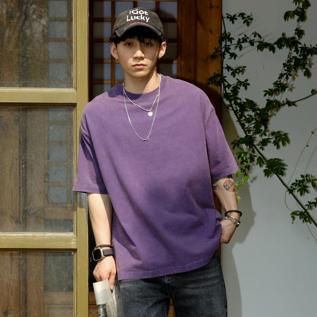 PrintsCrew270克纯棉日系宽松蜡染沙洗水洗做旧短袖T恤男士上衣