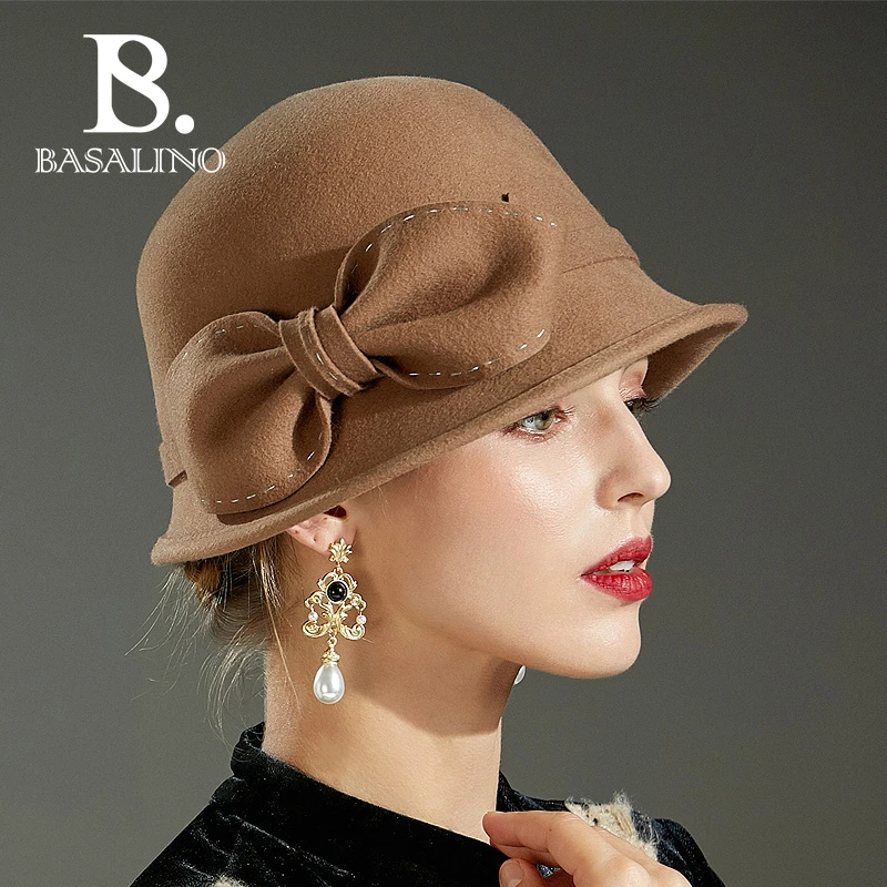 爱丽法式羊毛礼帽优雅渔夫帽蝴蝶结法式卷边礼帽复古英伦女士帽